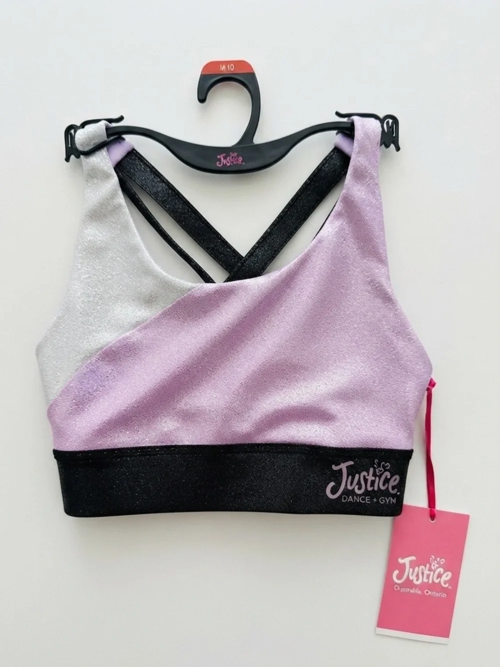 NWT: Justice Stretch Strappy Back Sports Bra for Girls Purple Black Dance Gym